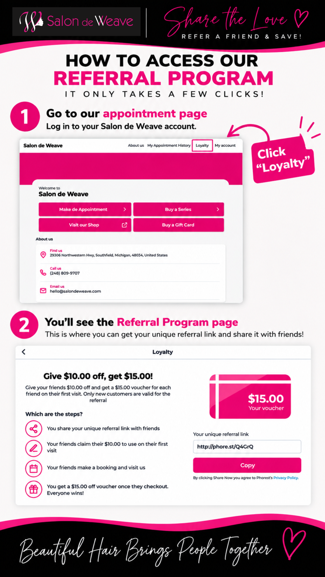 Salon de Weave referral program infographic showing how to access the program, program details, and a $15 referral voucher.