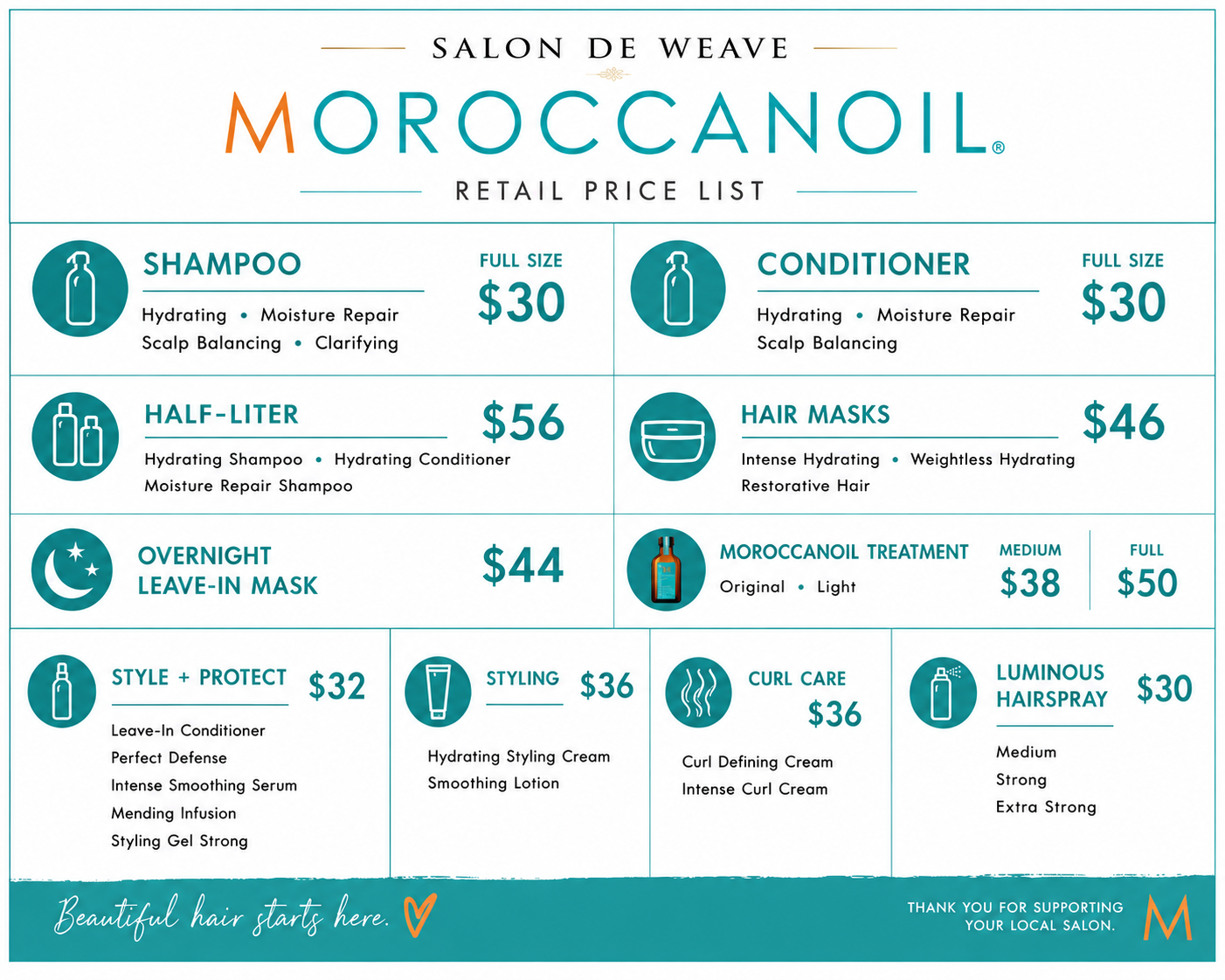Moroccanoil retail product price list at Salon de Weave