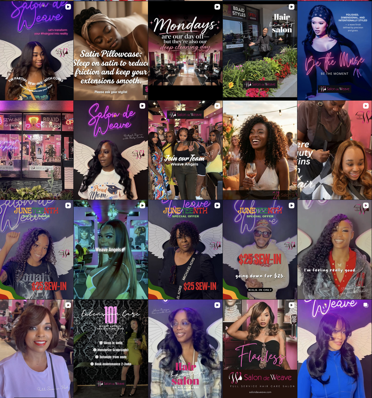 Salon de Weave social media highlights showcasing hairstyles, clients, salon services, promotions, and community events.