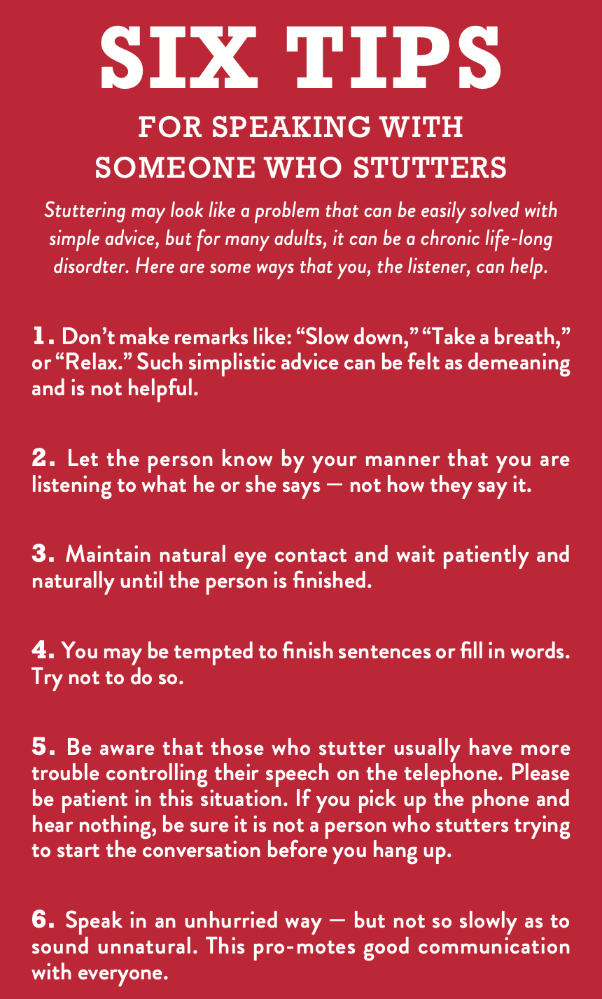 A red poster titled 'Six Tips for Speaking with Someone Who Stutters' listing six advice points on how to communicate effectively and patiently with individuals who stutter.