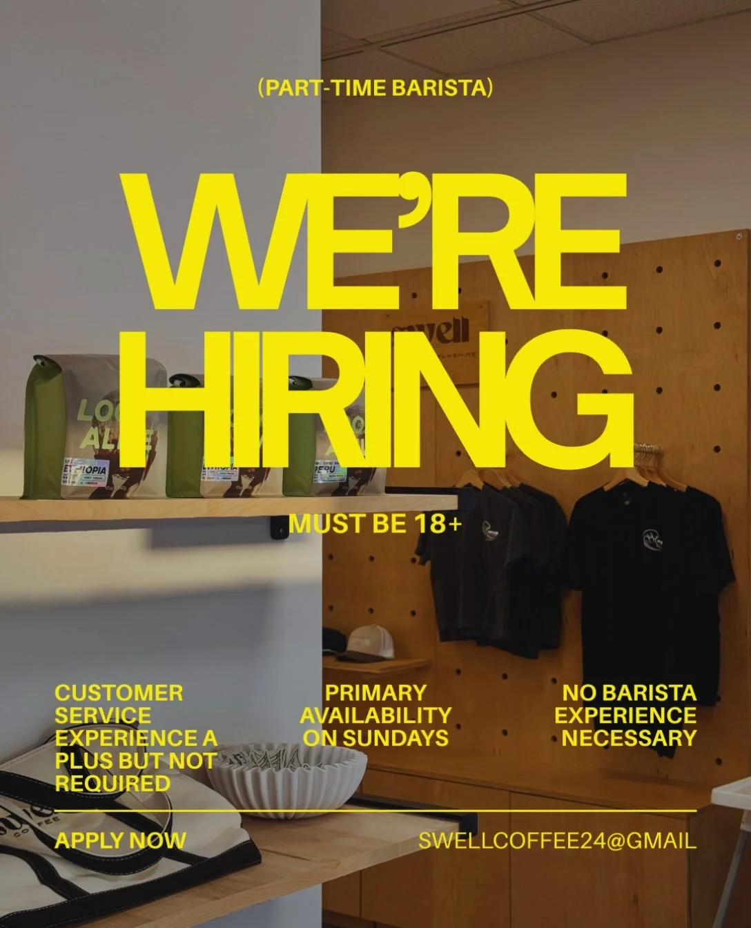 Come join the Swell team! 

Looking for a part time barista and must have Sunday availability. Apply if interested!