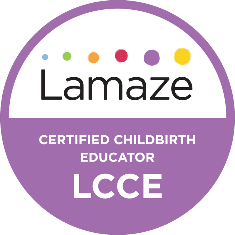 Purple certification badge for a qualified childbirth educator with the word "Lama" and the letters "LCCE" underneath, with colorful dots above.