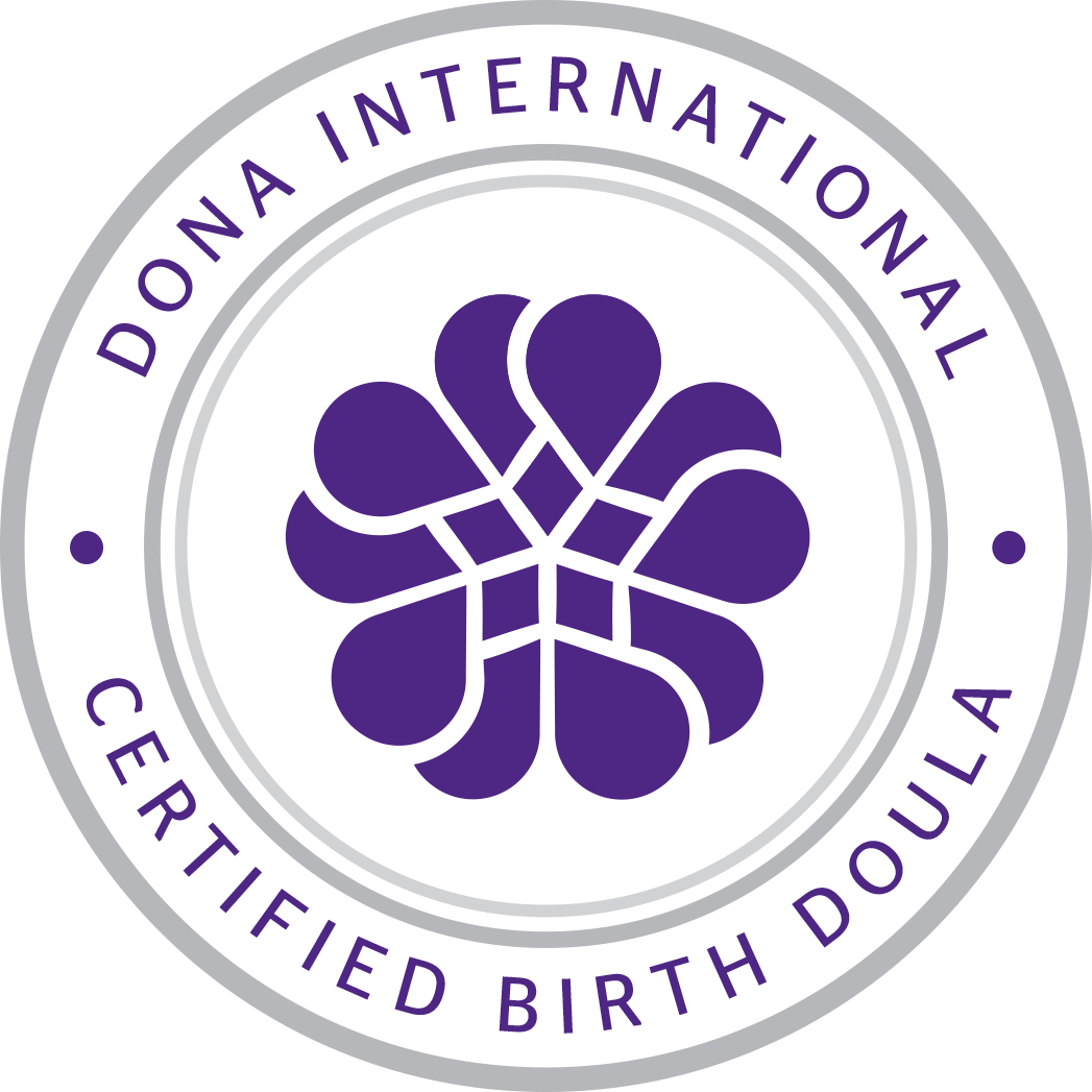 Seal with purple flower design surrounded by text reading "Dona International" and "Certified Birth Doula".