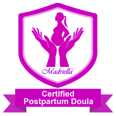 Logo featuring a silhouette of a woman with a ponytail being held by two hands, with the text 'Madriella' and 'Certified Postpartum Doula'.