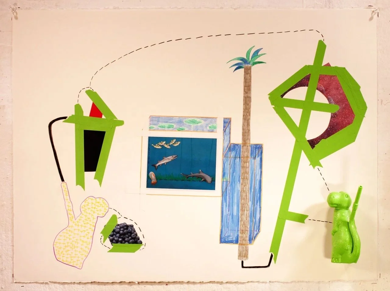 Aquarium 1, 2011, Paper cutouts, tape, colored pencil, transparency, and dino sippy cup on paper, 22 x 30 inches