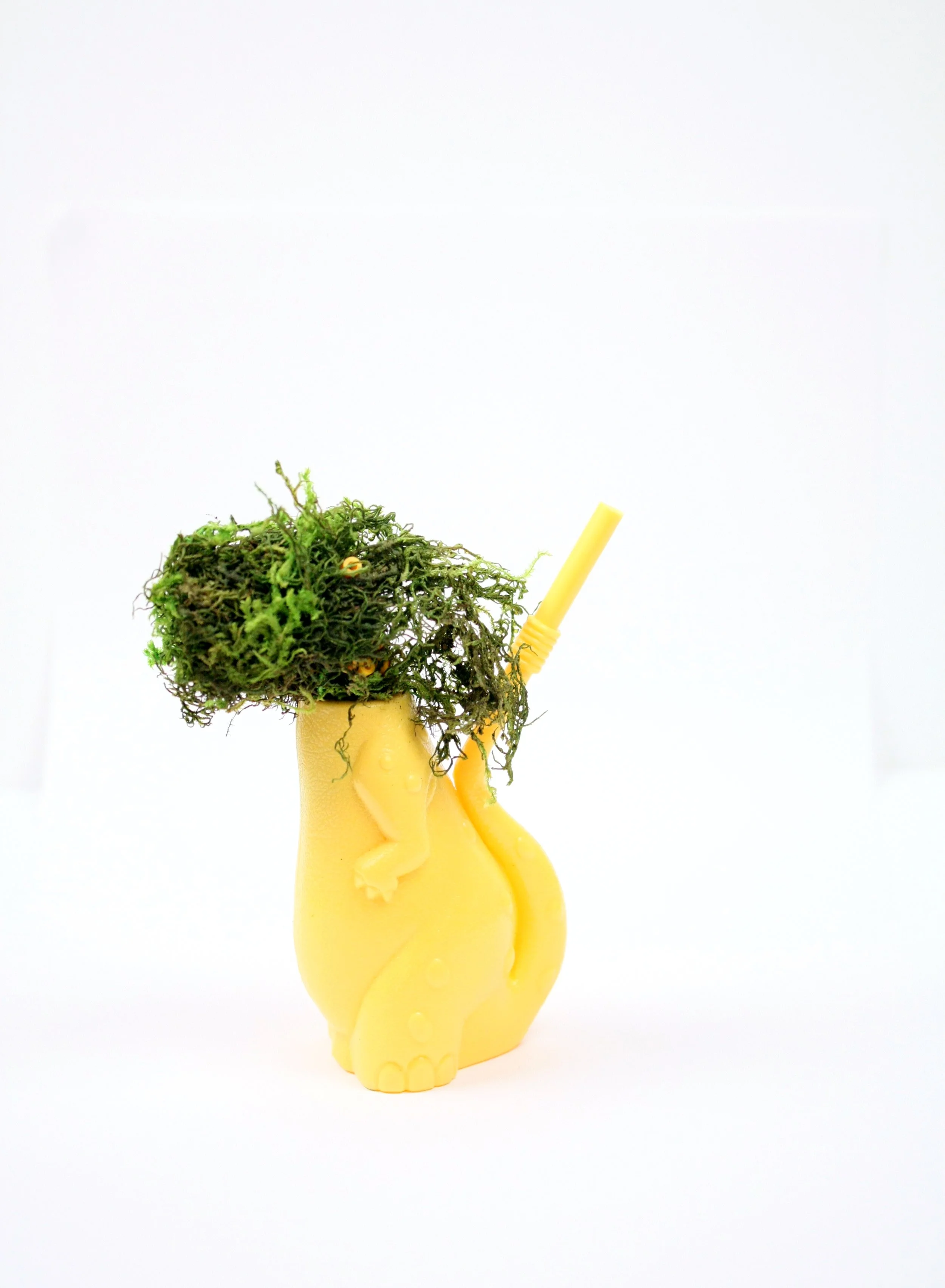 Moss Dino, 2014, Dino sippy cup, plastic tubing, and artificial moss, 7 x 4 x 3 inches