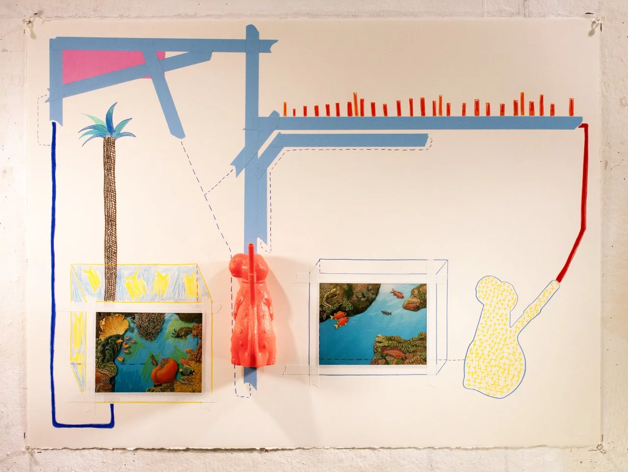 Aquarium 2, 2011, Paper cutouts, tape, colored pencils, transparencies, and dino sippy cup on paper, 22 x 30 inches