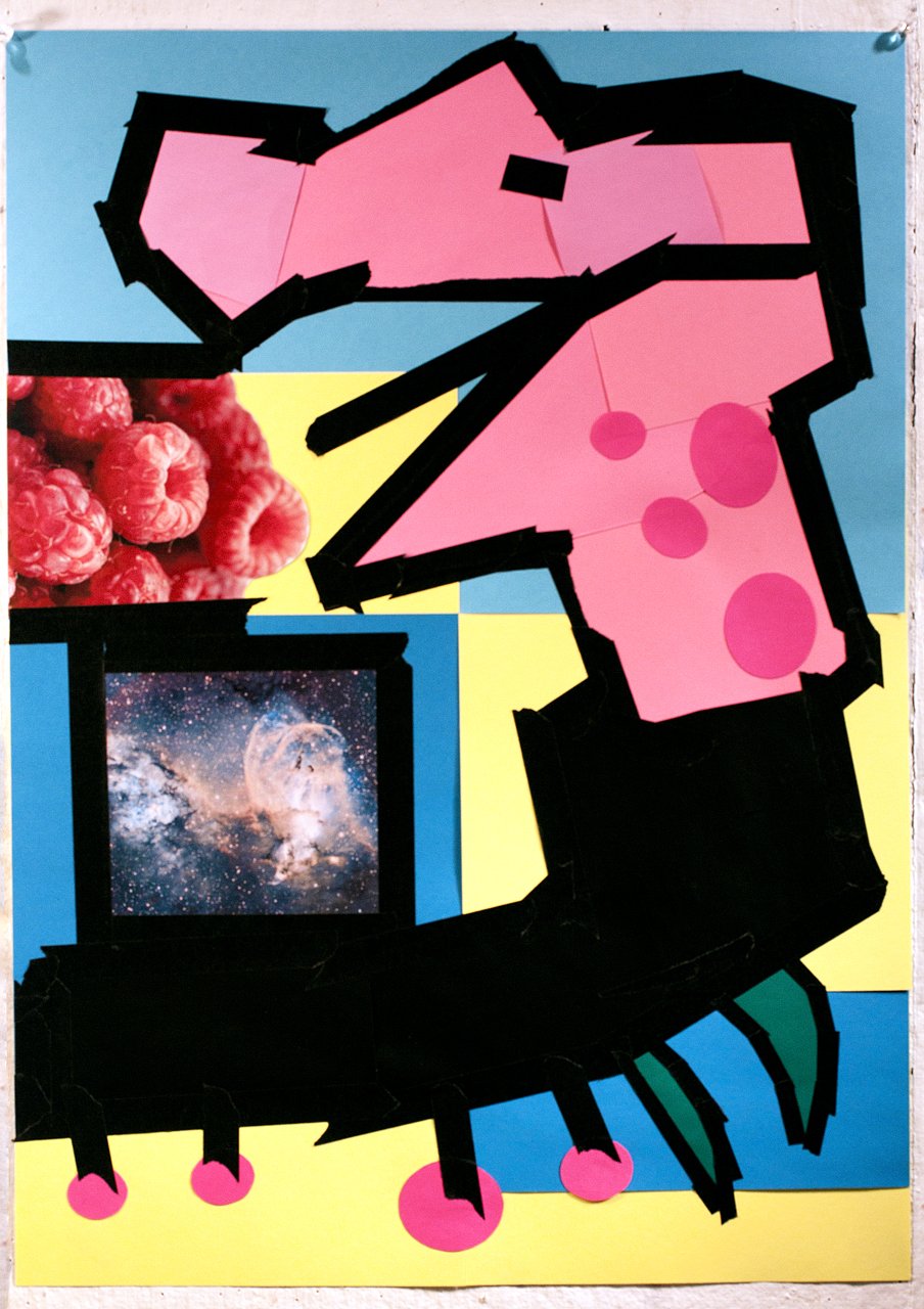 Galactic Raspberries, 2011, Paper cutouts and tape on paper, 24 x 17 inches