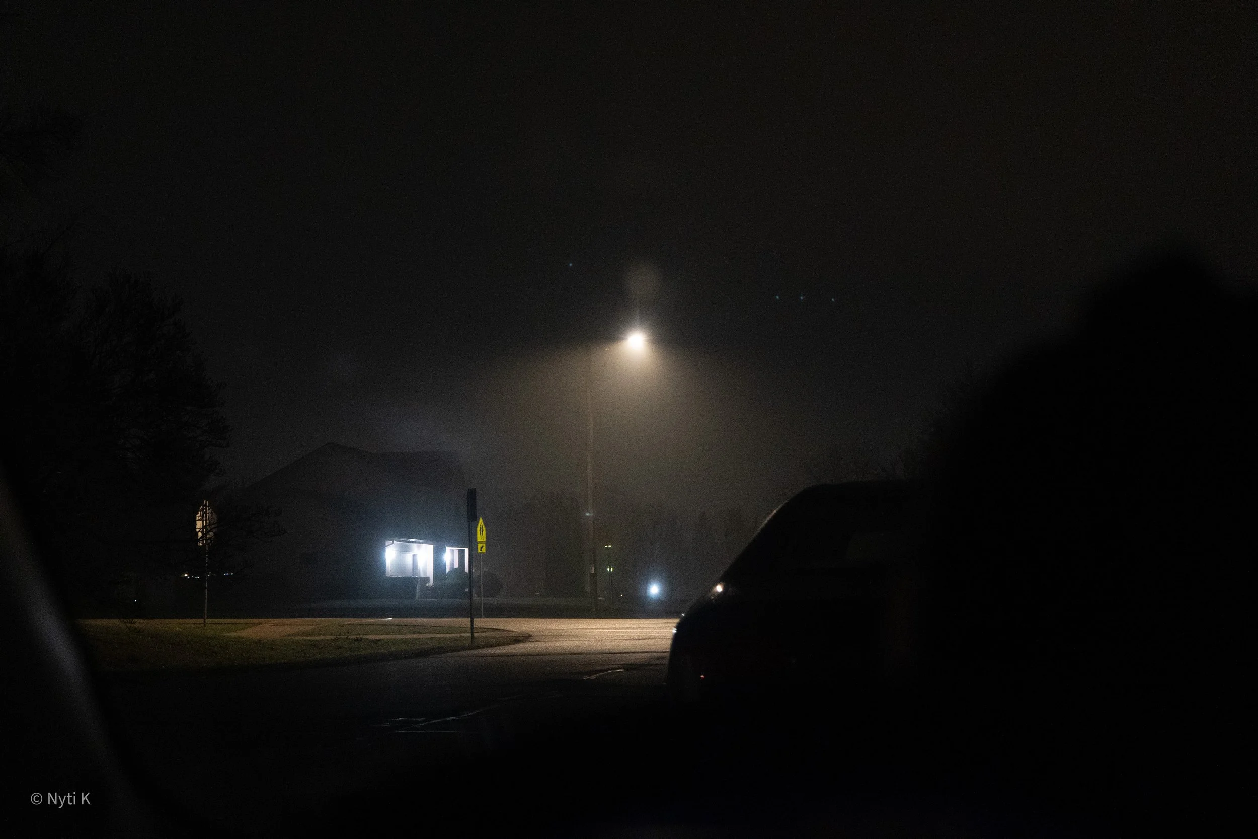 Nighttime scene showing the bright moon in the dark sky with some stars, silhouetted trees, and a suburban street with a few houses and parked cars.