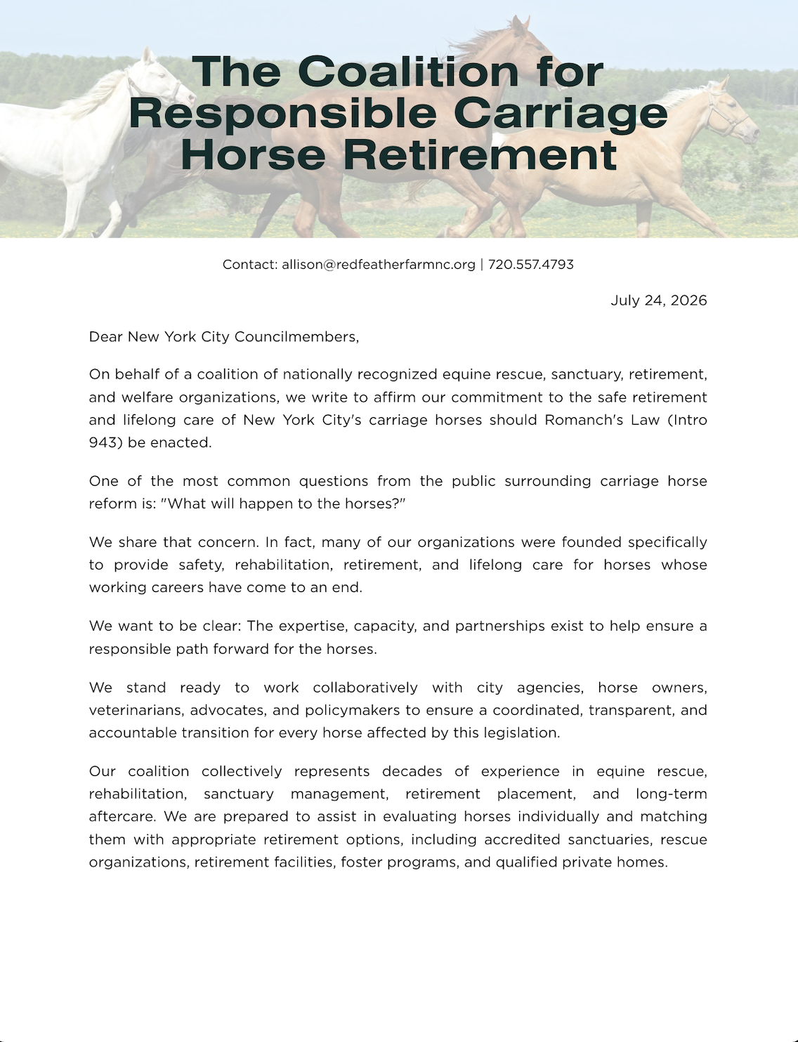 A letter on a white background with black text, addressed to New York City councilmembers, from a coalition for responsible carriage horse retirement, dated July 24, 2026, including contact information and a message advocating for the safe retirement and lifelong care of carriage horses.