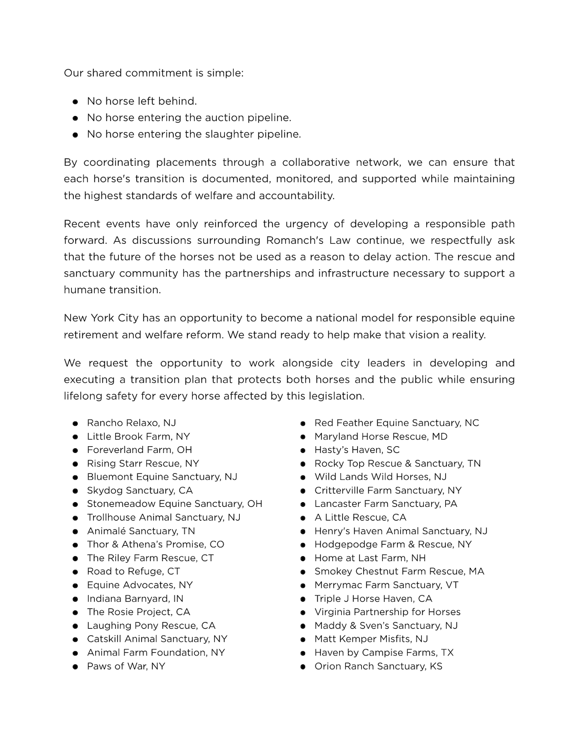 Text document outlining a commitment to responsible horse treatment, listing supportive organizations and locations.