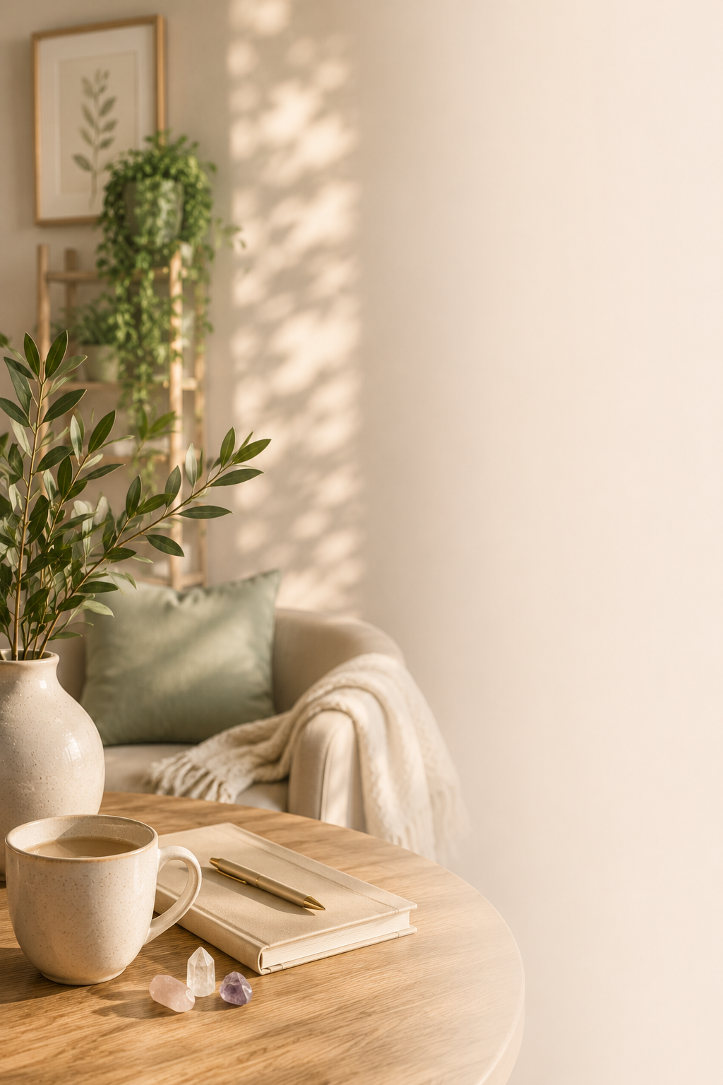 Cozy living room corner with beige sofa, green pillow, and cream blanket, sunlit wall with shadows, plant in a beige vase, wooden table with coffee, notebook, pen, and crystals.