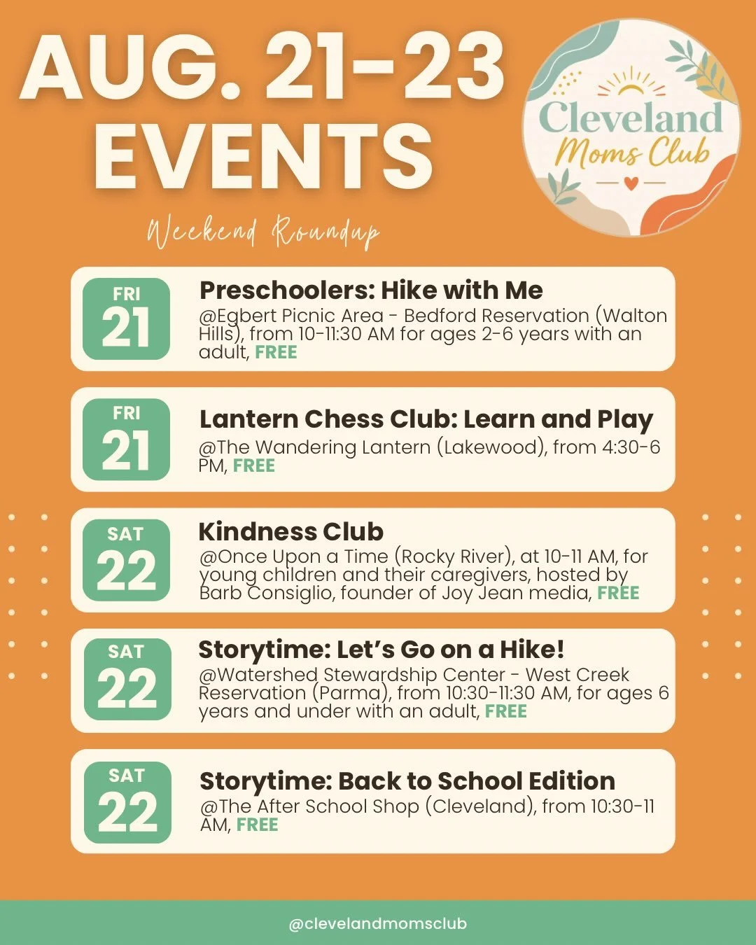 ✨August 21-23 Weekend Roundup
👉🏻As always, check the businesses pages for updated information and registration!

#clevelandmom #clevelandevents #thingstodowithkidsincleveland #clewithkids #clevelandmomsclub