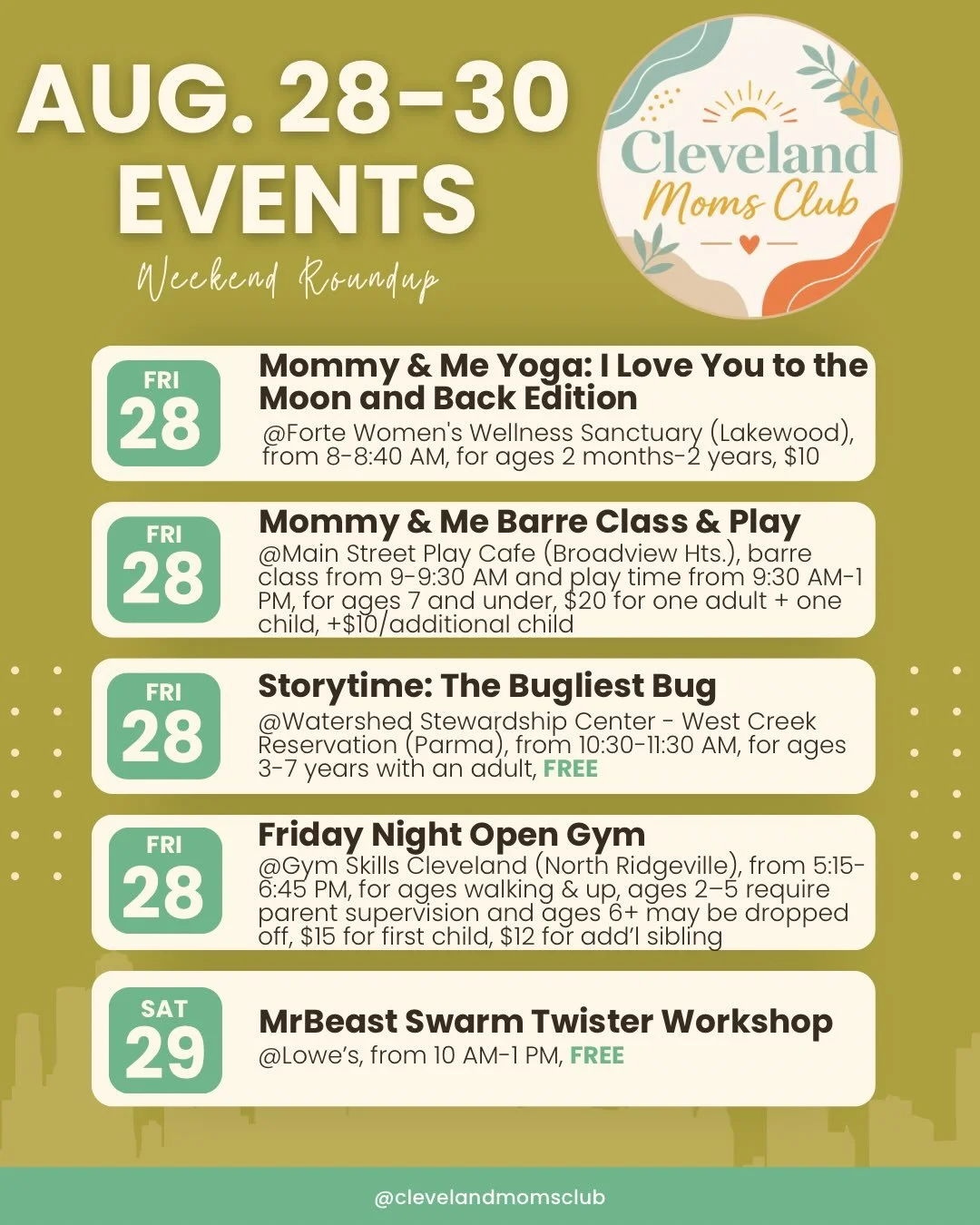 ✨Aug. 28-30 Weekend Roundup
👉🏻As always, check the businesses pages for updated information and registration!

#clevelandmom #clewithkids #clevelandevents #clevelandfamily #thingstodoincleveland