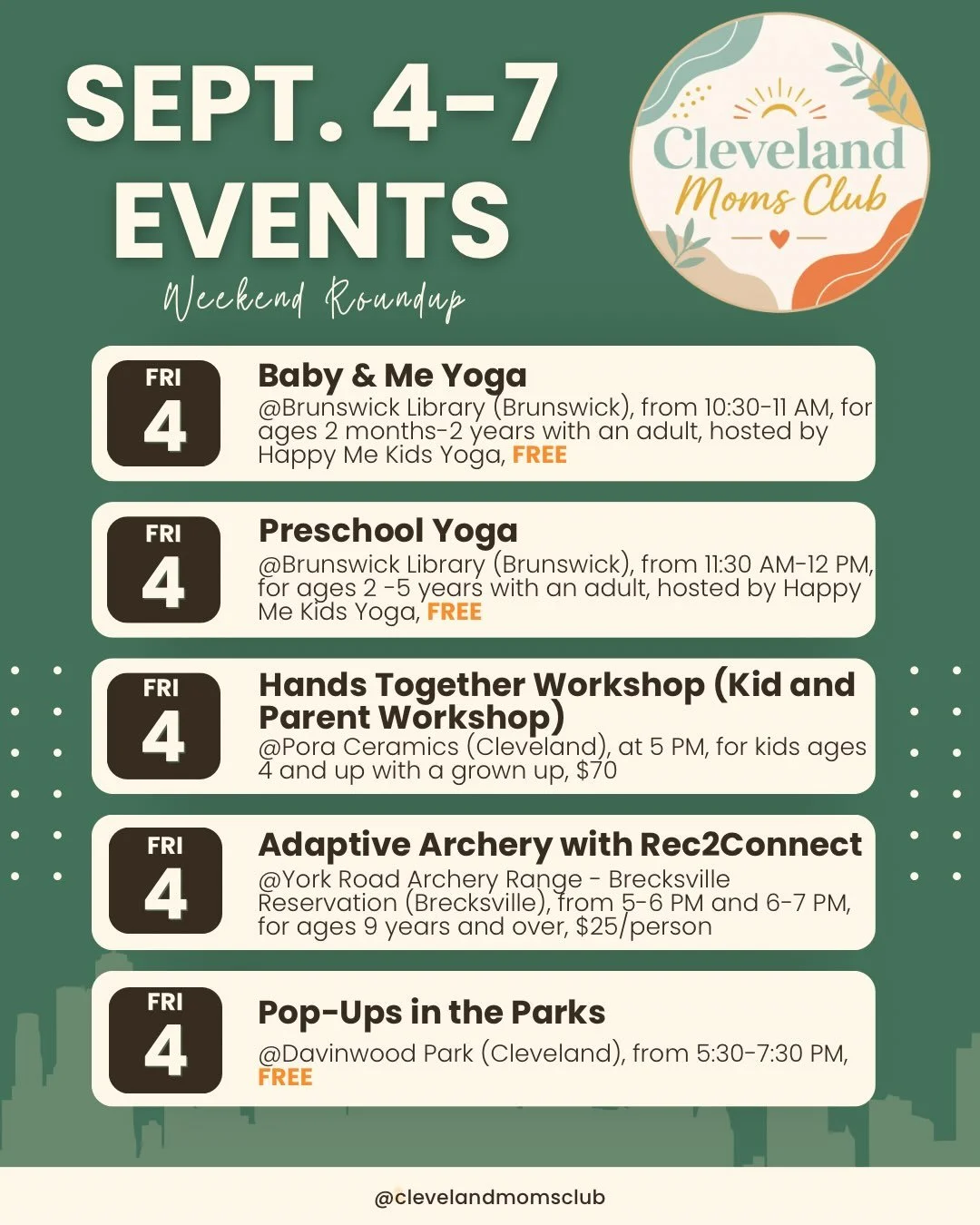 ✨Sept. 4-7 Weekend Roundup
👉🏻As always, check the businesses pages for updated information and registration!

#clevelandmom #clewithkids #thingstodoincleveland #clevelandevents #clevelandfamily