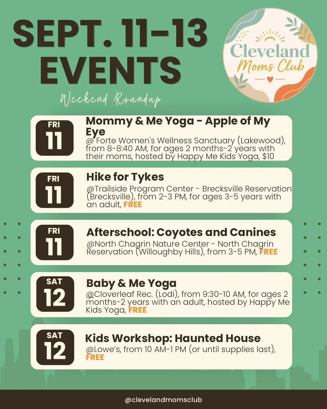 ✨September 11-13 Weekend Roundup
👉🏻As always, check the businesses pages for updated information and registration!

#clevelandmom #clevelandevents #clewithkids #thingstodoincleveland #clevelandvibes
