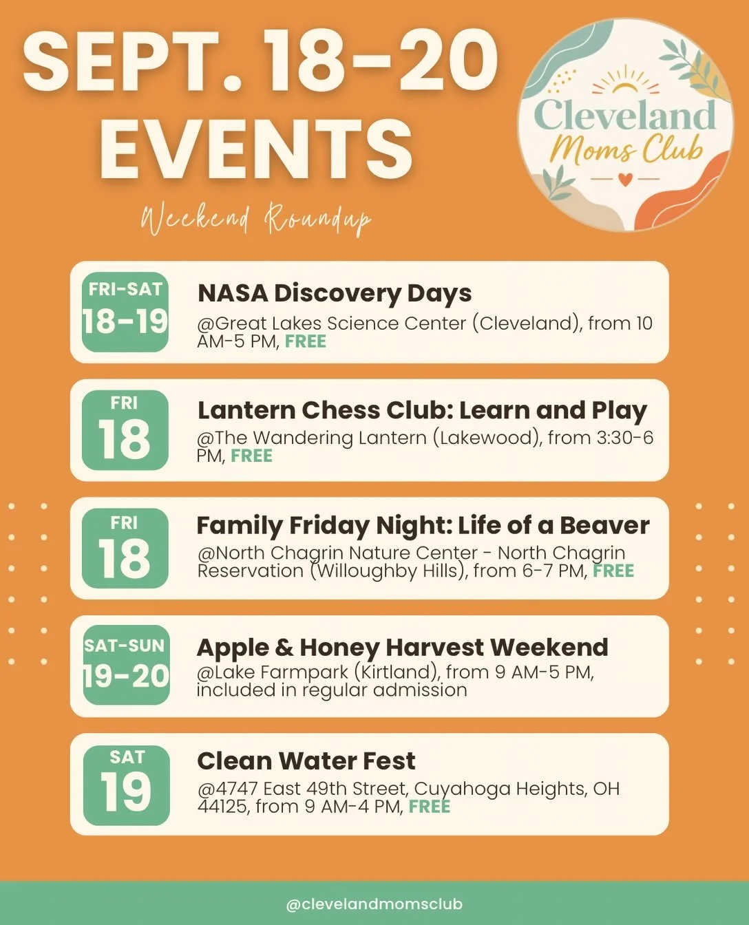 ✨September 18-20 Weekend Roundup
👉🏻As always, check the businesses pages for updated information and registration!

#clevelandmom #clewithkids #clevelandevents #thingstodoincleveland #clevelandvibes
