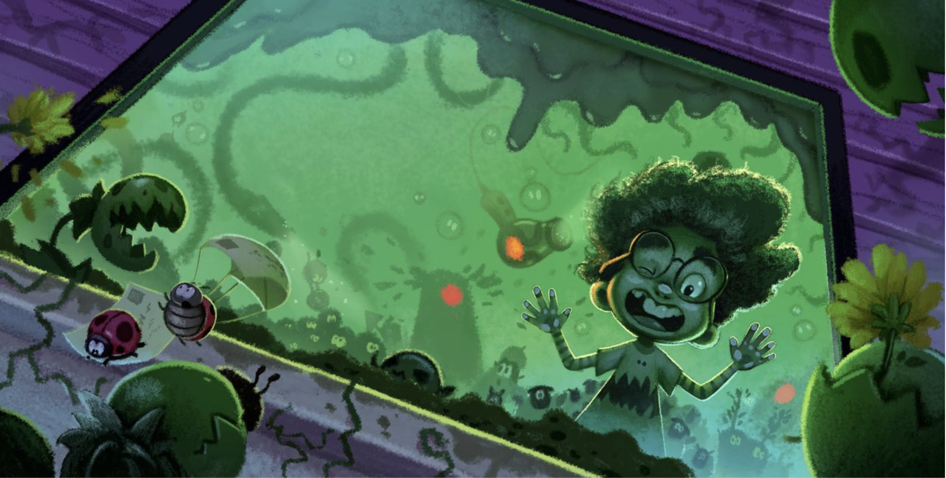 A young boy pushed up against a window as he is surrounded by cartoon creatures with a green-lit background and some monstrous plants outside the window.
