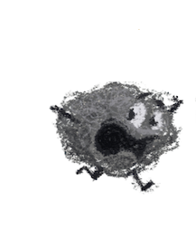 A small, cartoon-style dust bunny running away from something.