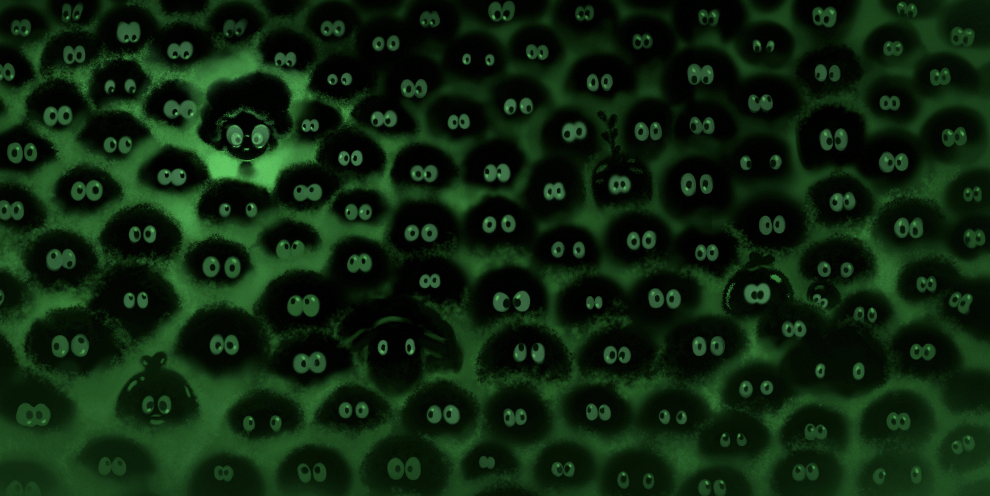 Close-up of numerous small black creatures with glowing green eyes, set against a green-lit background.