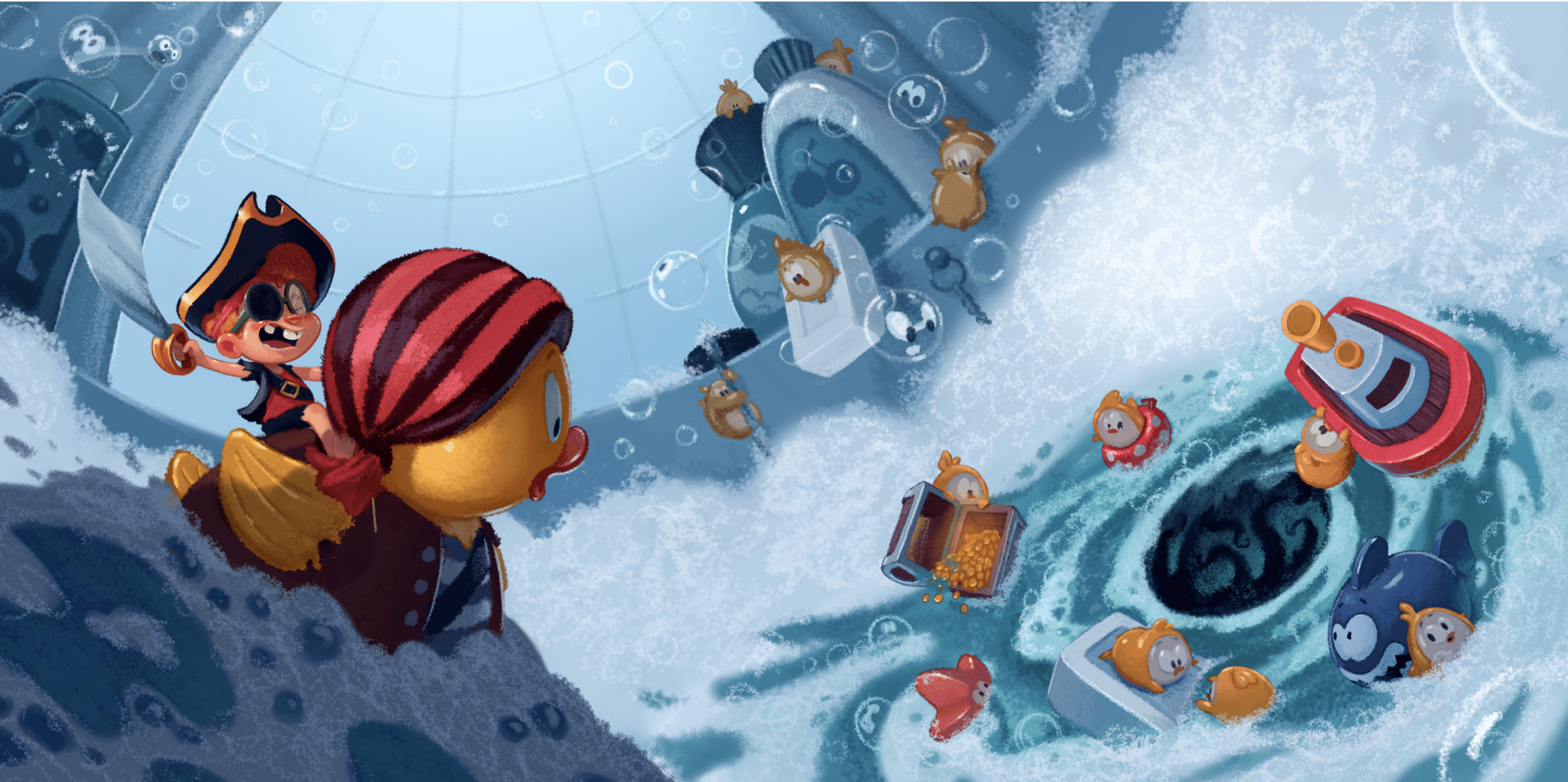 Animated scene with a pirate riding on a large yellow chick, leading a group of small animals in boats through a water whirlpool. The animals appear to be pirates with orange hats, some in treasure chests or floating on the water. The scene is lively and colorful, with a whimsical, cartoon style.