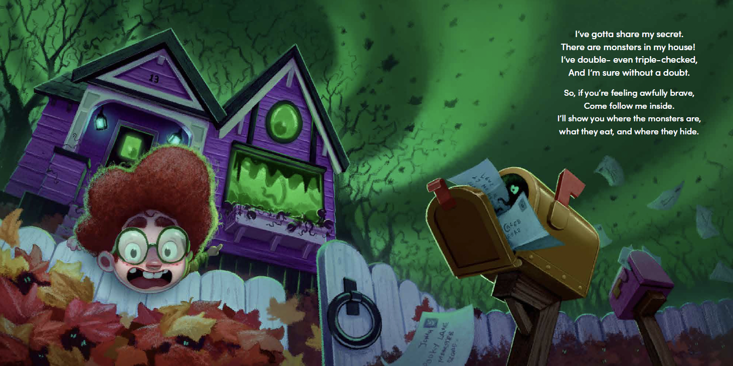 A purple haunted house with green glowing windows and a green door, surrounded by leafless trees and a spooky green sky. In front, a frightened child with curly red hair, glasses, and a white shirt stands behind a pile of colorful autumn leaves. There is a mailbox with mail and a fence in front. The image contains a poem about monsters in the house.