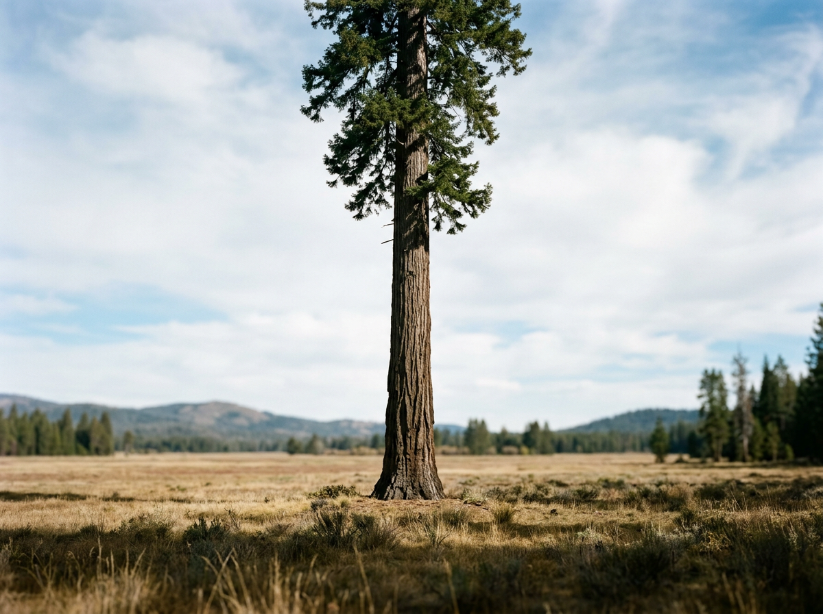 A tall pine tree in an open field with mountains and a partly cloudy sky in the background.