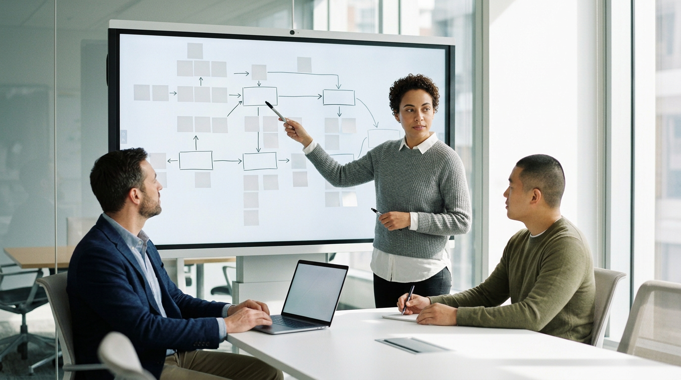A woman presents a flowchart on a whiteboard to two men seated at a conference table in a modern office.