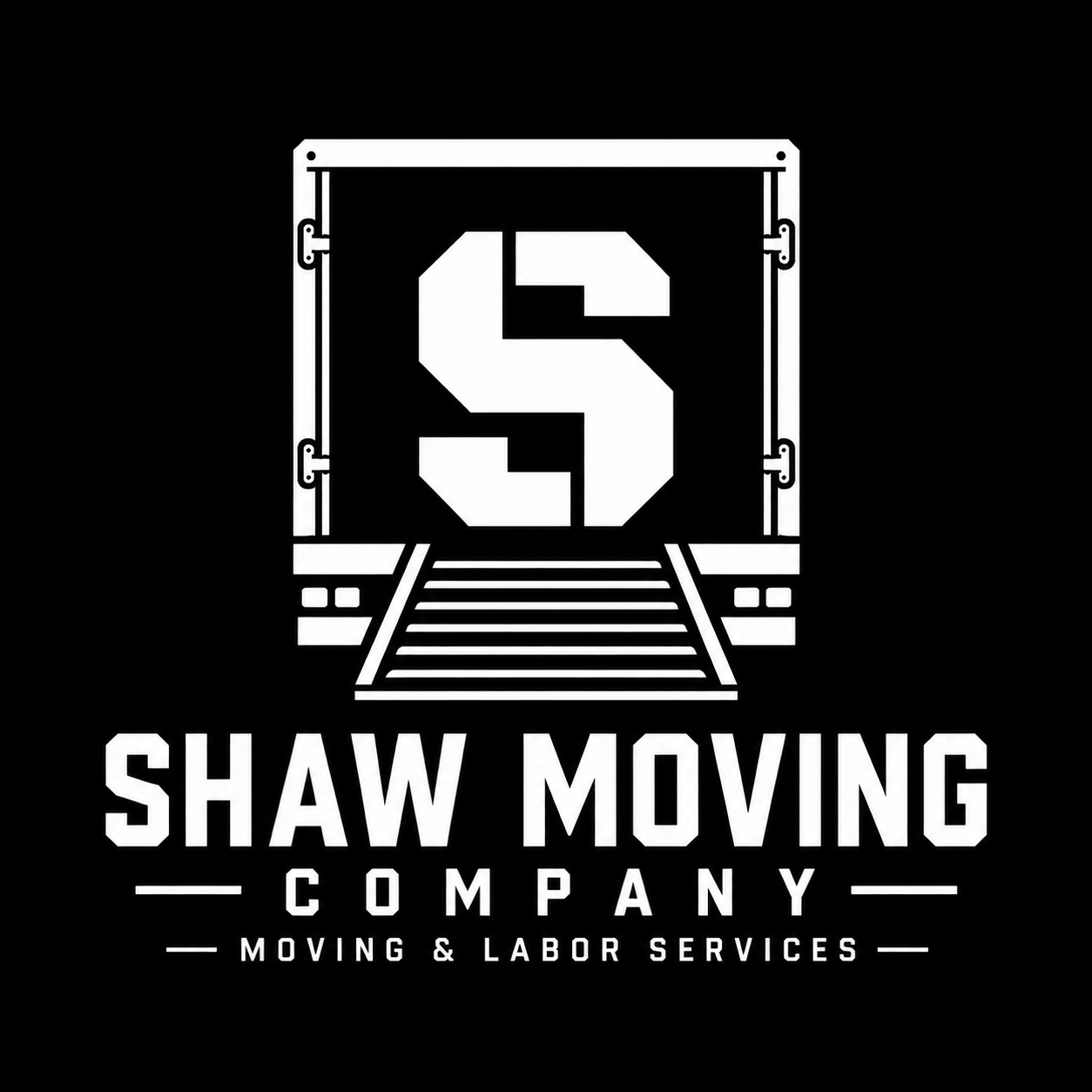 Logo for Shaw Moving Company featuring a closed truck with a large letter 'S' on its back and a moving ramp, with text indicating moving and labor services.