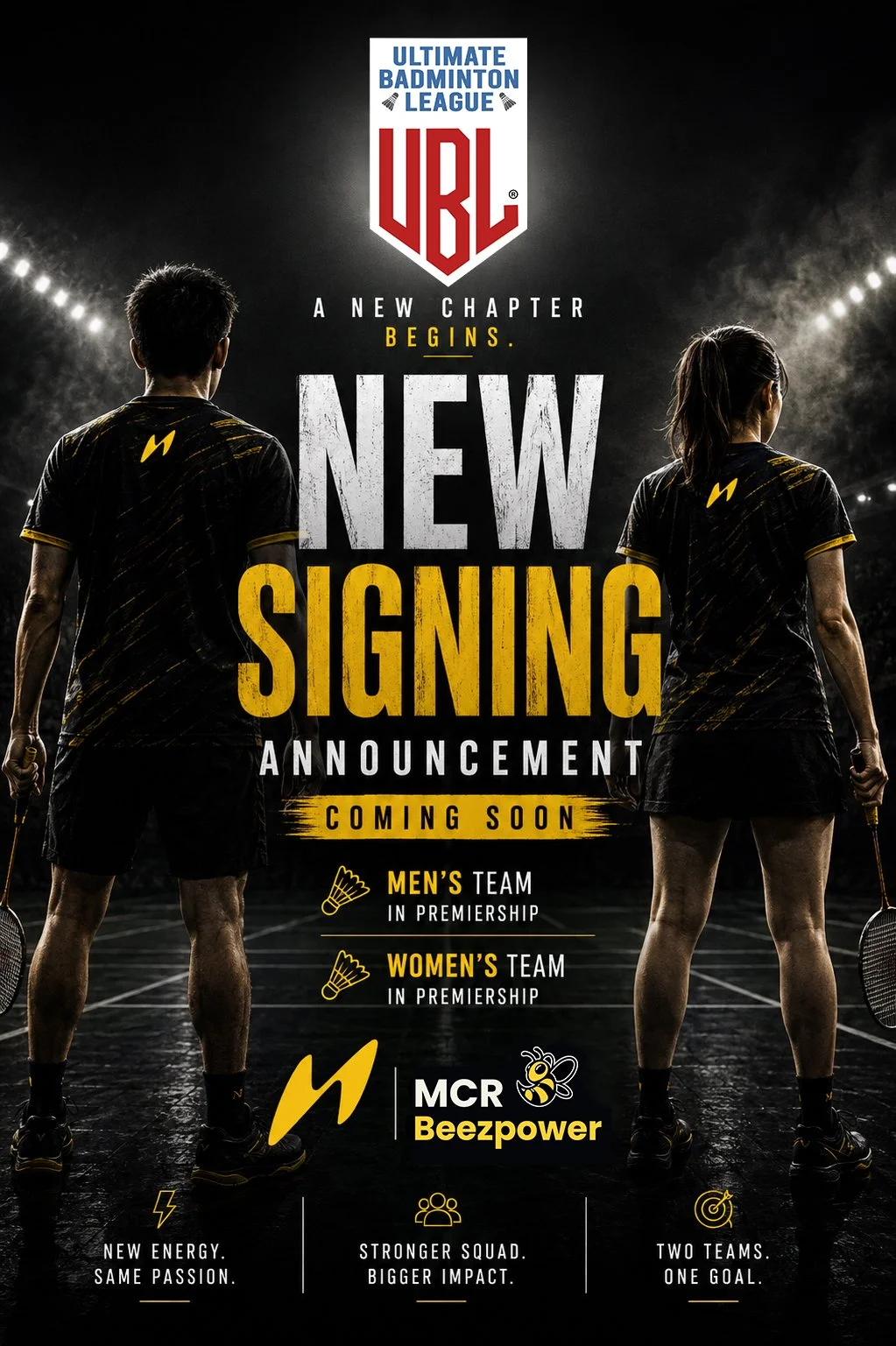 A promotional poster for the Ultimate Badminton League announcing new team signings - MCR Sport Performance