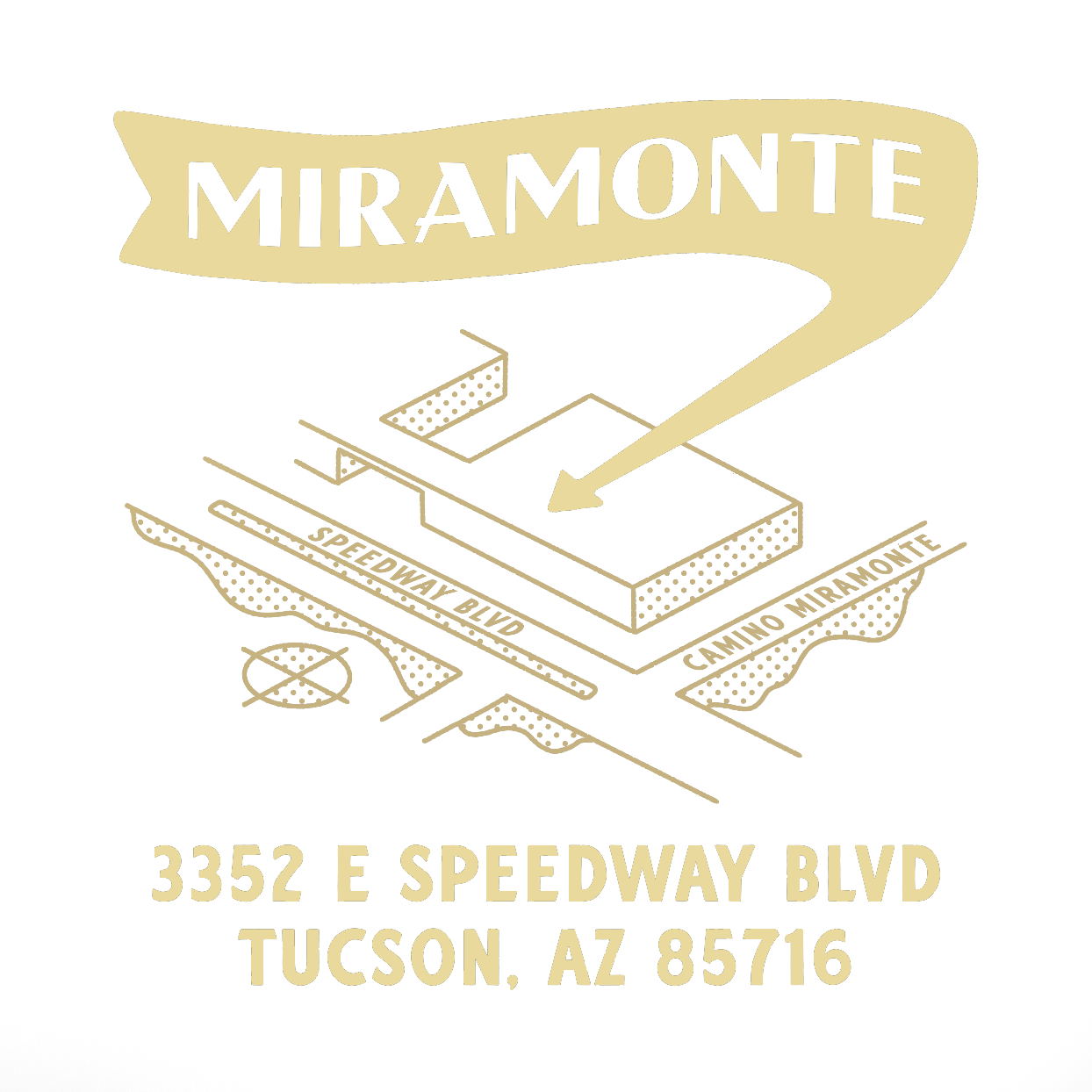 Map diagram of 3352 E Speedway Blvd, Tucson, AZ 85716 with landmarks and nearby roads, including Speedway Blvd and Camino Miramonte, with a large banner reading 'MIRAMONTE'.