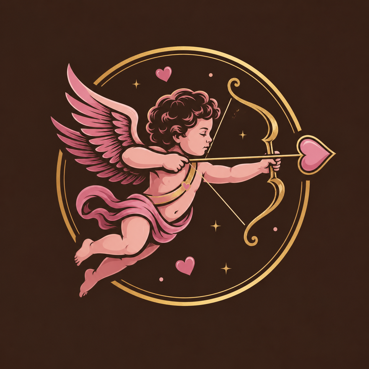 A pink and gold illustration of Cupid with curly hair, wings, and a pink loincloth, holding a bow and arrow aimed at a heart, surrounded by gold rings, stars, and pink hearts on a dark background.