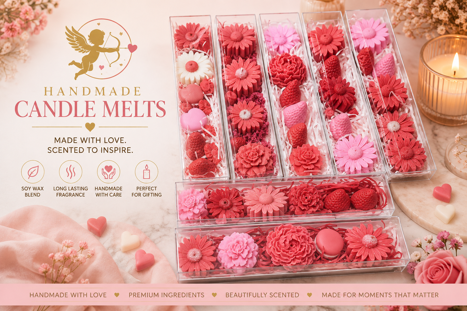 Display of various handcrafted candle melts in pink, red, and white in clear plastic containers, with a candle burning beside them. The background shows decorative flowers, hearts, and a soft pink fabric, with promotional text highlighting features like soy wax blend, long-lasting fragrance, handmade with care, and perfect for gifting.