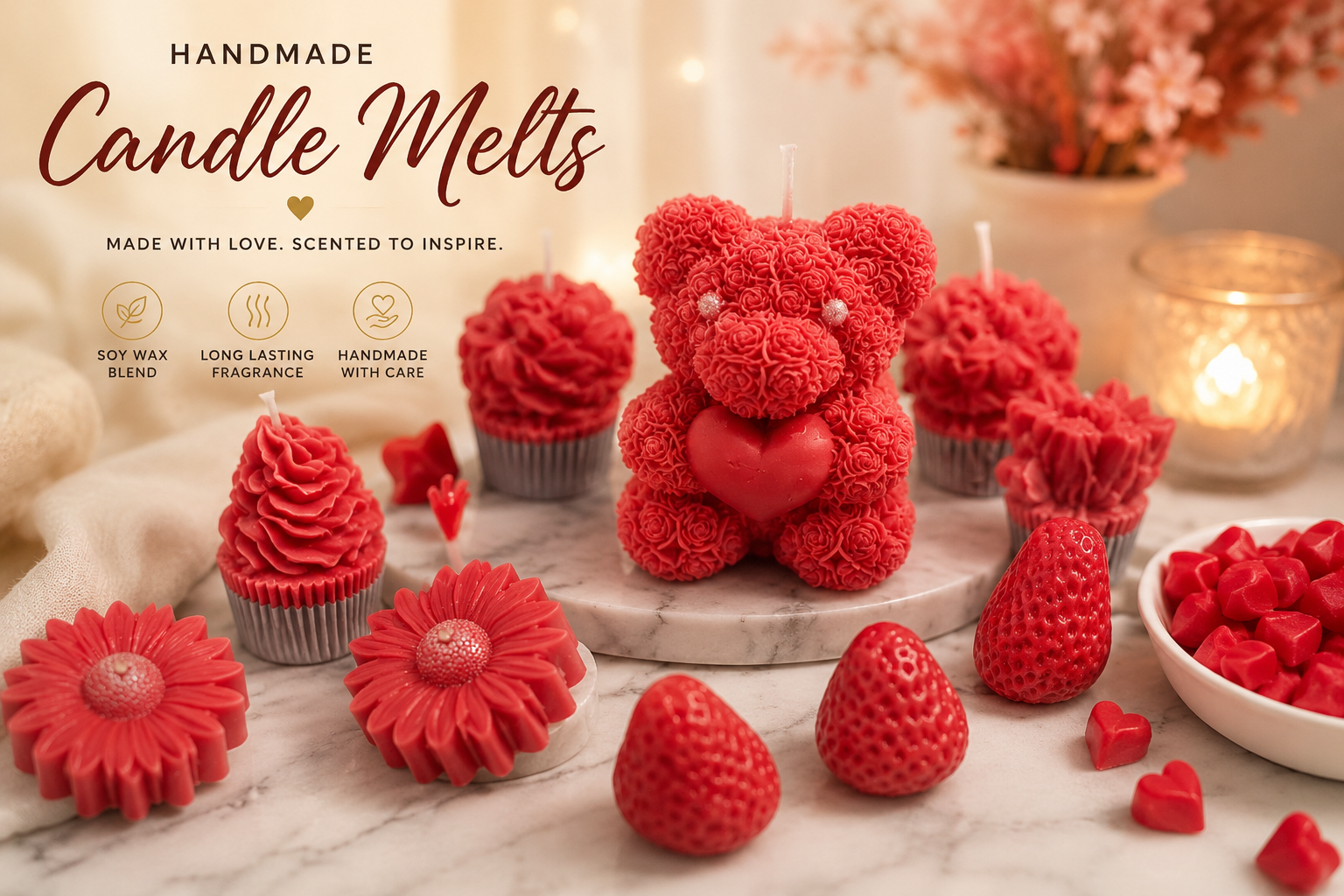 Display of handmade red candle melts shaped like a teddy bear, cupcakes, and flowers with strawberries and heart-shaped candies on a marble surface, illuminated by warm lighting.