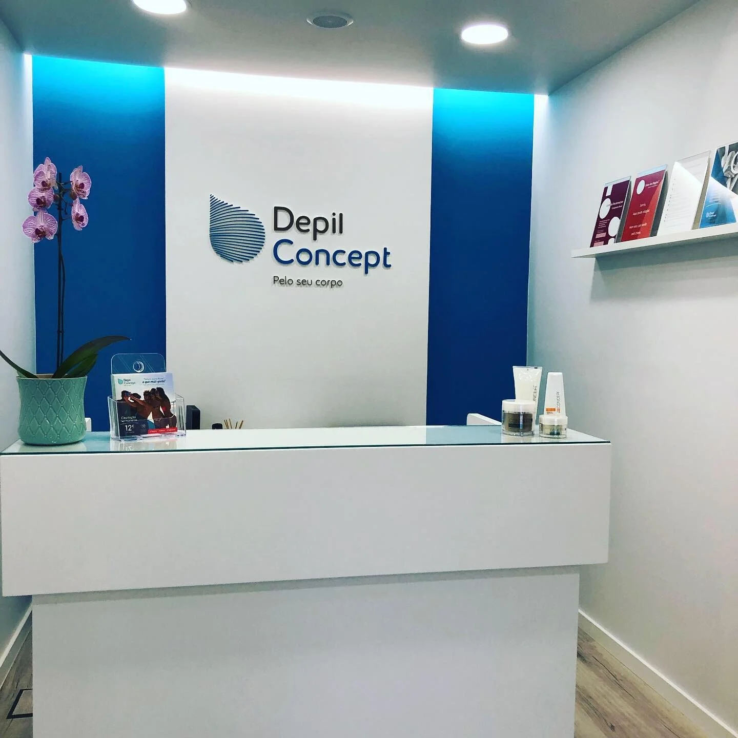 Recepção de clínica com o logo 'Depil Concept', uma parede branca com detalhes em azul, mesa branca com produtos de cuidados pessoais, uma planta com flores e alguns quadros nas prateleiras.