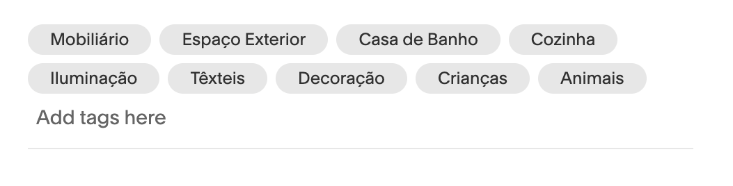 Tags relacionados à decoração de ambientes internos e externos, incluindo móveis, espaço externo, banheiro, cozinha, iluminação, têxteis, decoração, crianças e animais.