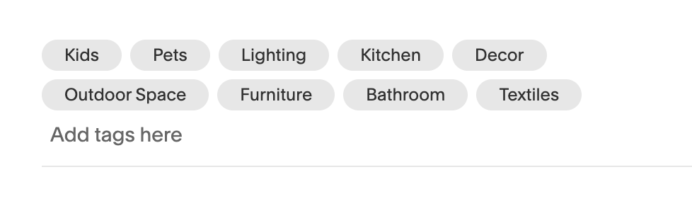 Tags de categorias: Kids, Pets, Lighting, Kitchen, Decor, Outdoor Space, Furniture, Bathroom, Textiles.