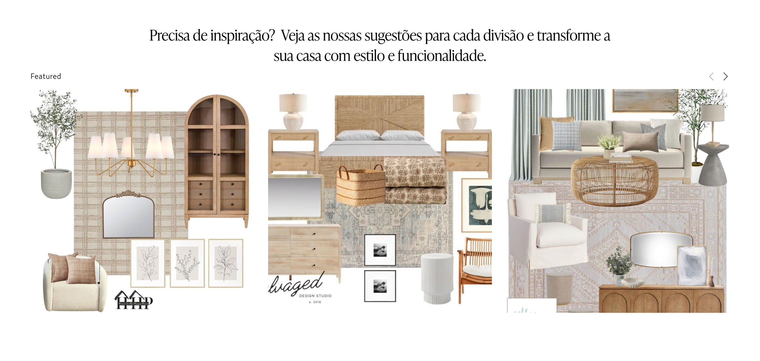 Imagem de decoração de interiores com móveis e objetos em estilo escandinavo e natural, incluindo camas, mesas de cabeceira, luminárias, cômodas, sofás, cadeiras, tapetes, quadros, espelhos, plantas e acessórios em tons claros e materiais naturais.