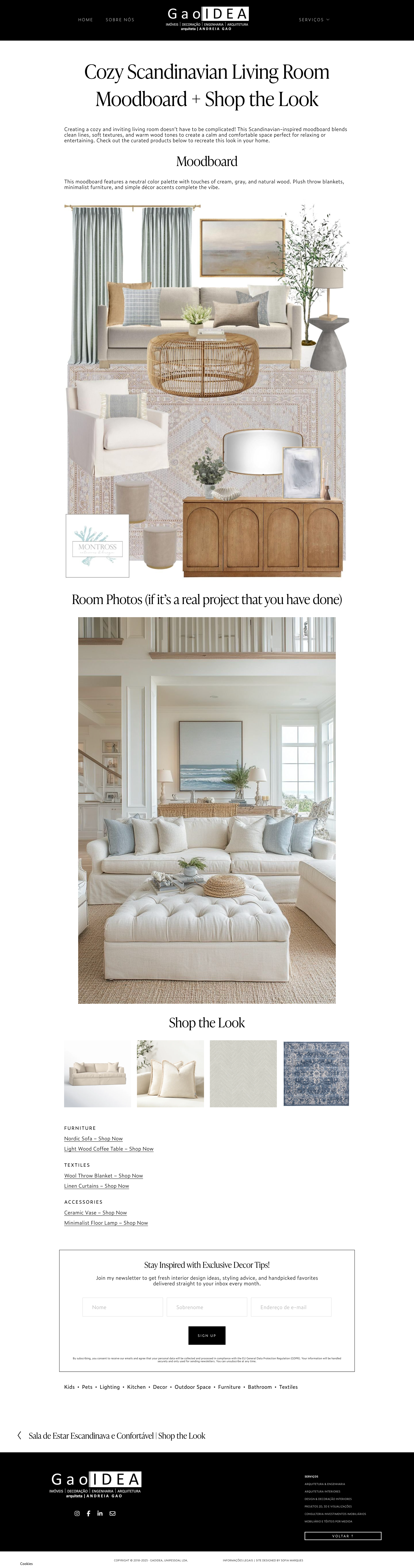 Imagem de uma página com ideias de decoração para sala de estar escandinava, incluindo um moodboard com sofá claro, cortinas azuis, almofadas, mesa de fibra, tapete de padrão claro, e uma estante de madeira, além de uma sessão de fotos de uma sala de estar com sofá branco, vinte almofadas, uma mesa de centro, e decoração neutra.