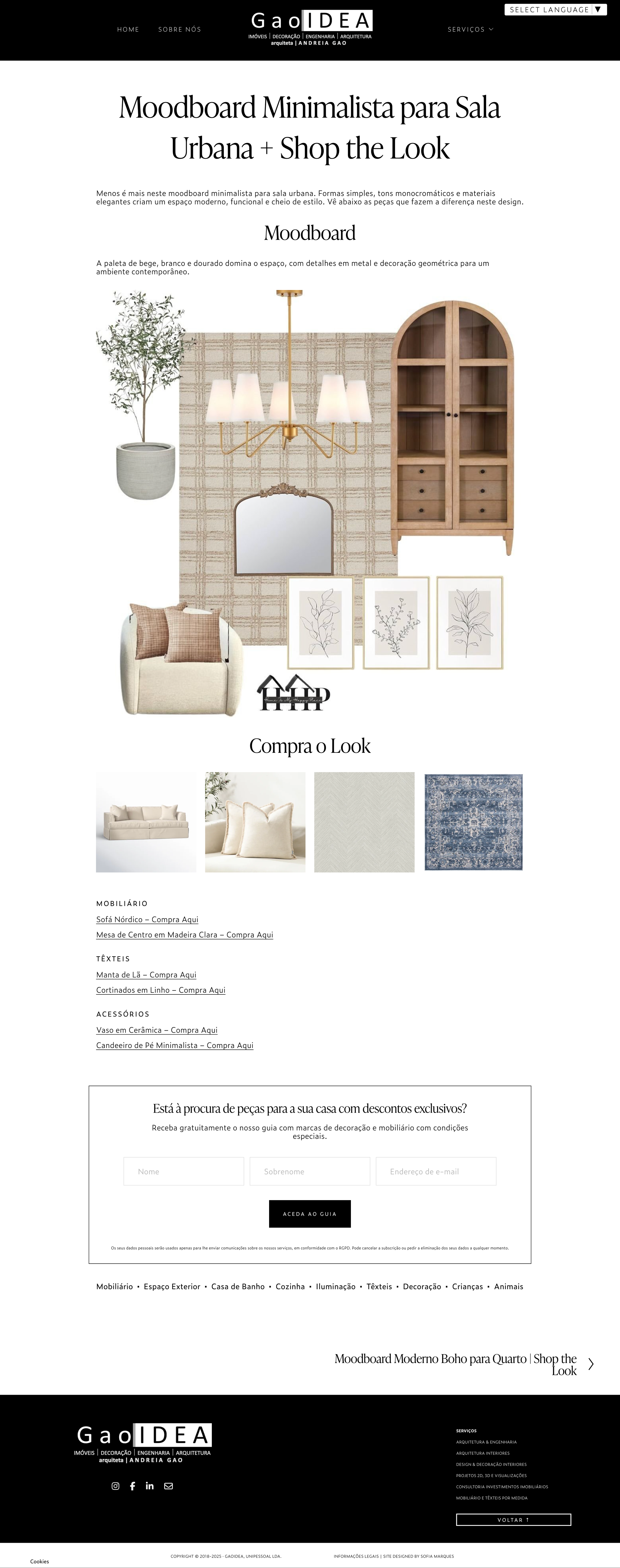 Moodboard minimalista para sala urbana, com móveis e objetos em tons neutros e naturais, incluindo uma luminária de teto, espelho, quadros decorativos, estante de madeira, sofá, almofadas, tapetes e acessórios como vaso de cerâmica e candeeiro de pé.