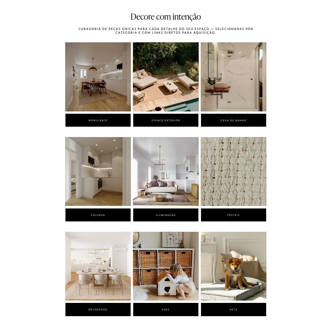 Coleção de fotos de decoração de interiores e exteriores, incluindo móveis, espaço ao ar livre, banheiro, cozinha, sala de estar, tecidos, mesa de jantar, área de brincadeiras para crianças e espaço para pets, com descrições em português.
