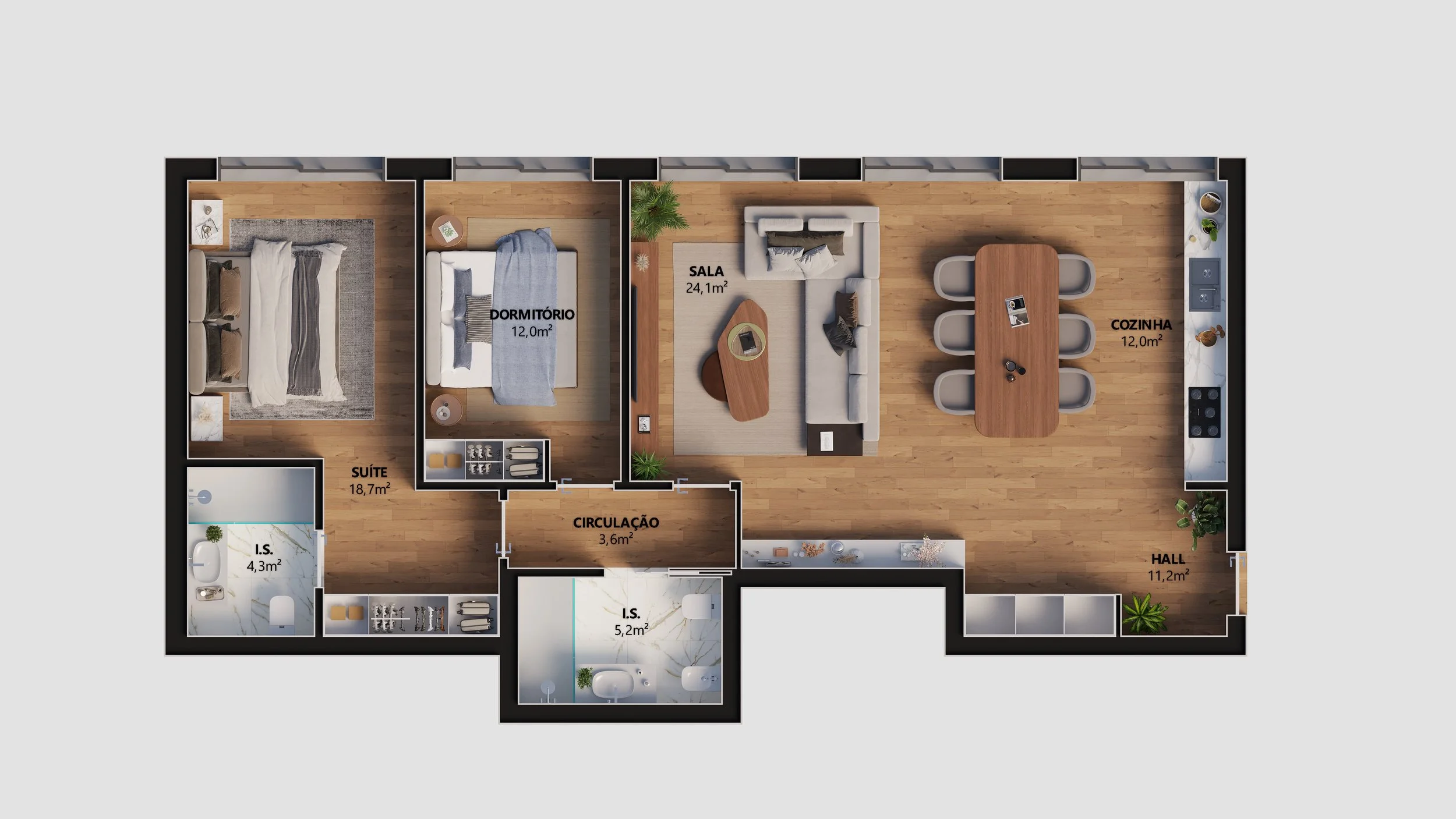 Planta de apartamento com sala de estar, cozinha, dois quartos e banheiros, incluindo suíte.