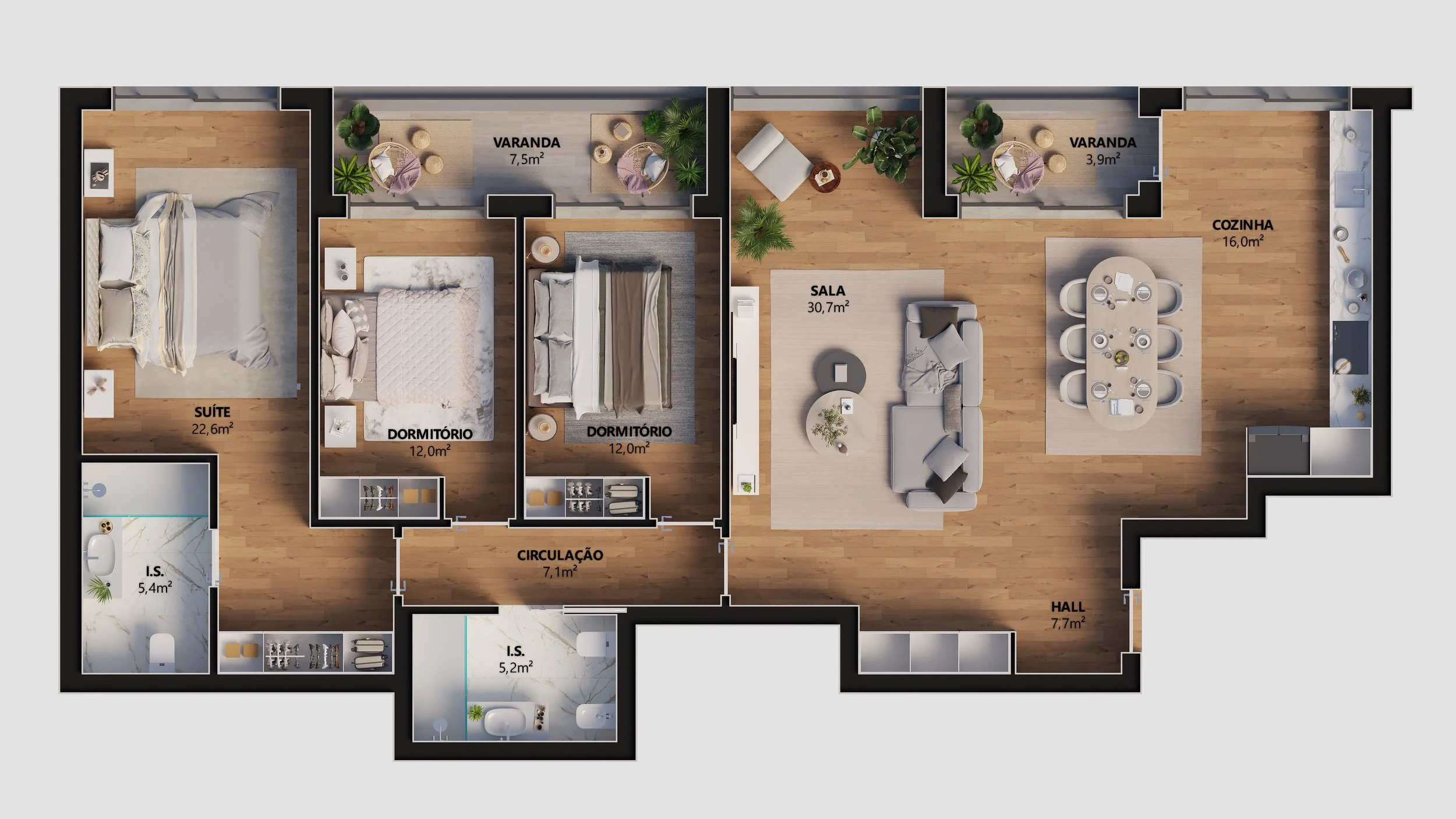 Plano de um apartamento com duas suítes, sala de estar, cozinha, varanda, circulação, hall, dois banheiros e lavanderia.