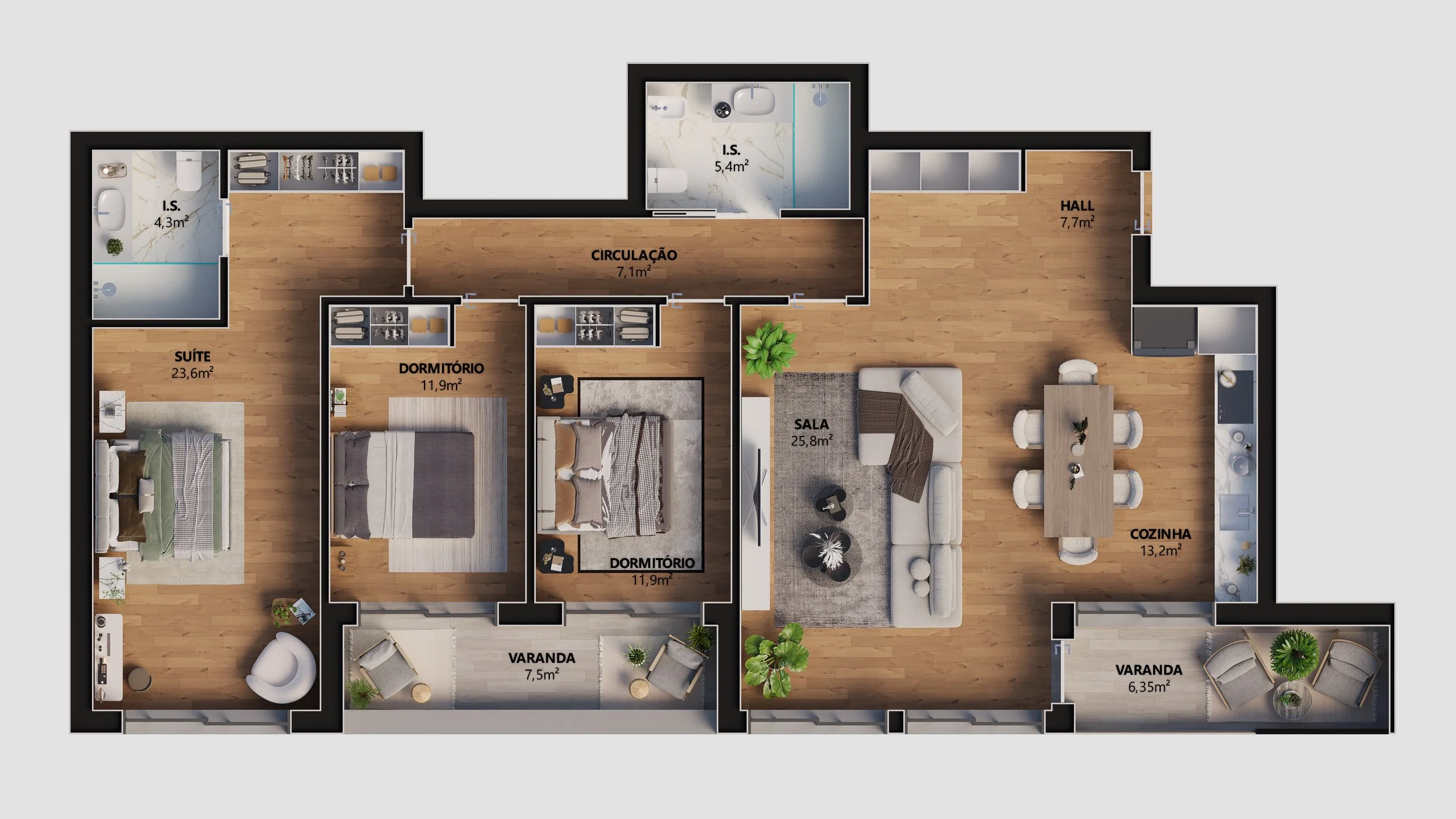 Planta de apartamento com quarto de casal, dois quartos de solteiro, sala de estar, cozinha, duas varandas, circulação, hall, duas áreas de serviço e banheiros.