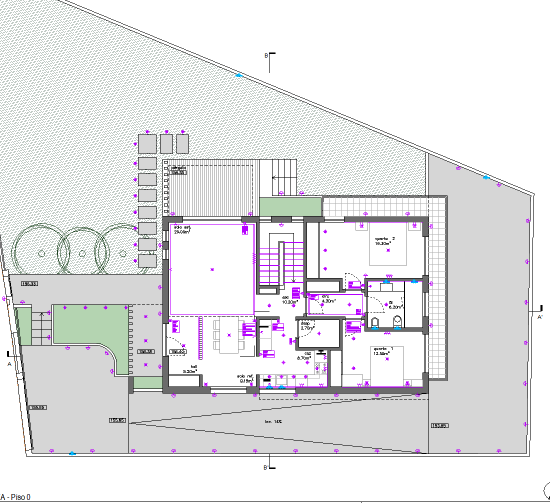 Planta de uma casa com áreas internas e externas, incluindo jardim, garagem, escadas, quartos, banheiros e áreas de lazer, em um layout detalhado de arquitetura.