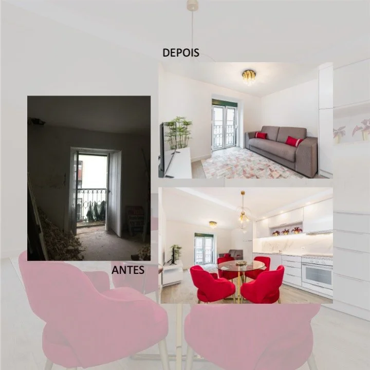 Antes e depois da renovação de um apartamento, incluindo uma sala de estar e uma cozinha moderna com móveis vermelhos e acabamentos brancos, mostrando uma transformação de um espaço antigo e escuro para um ambiente claro, elegante e bem decorado.