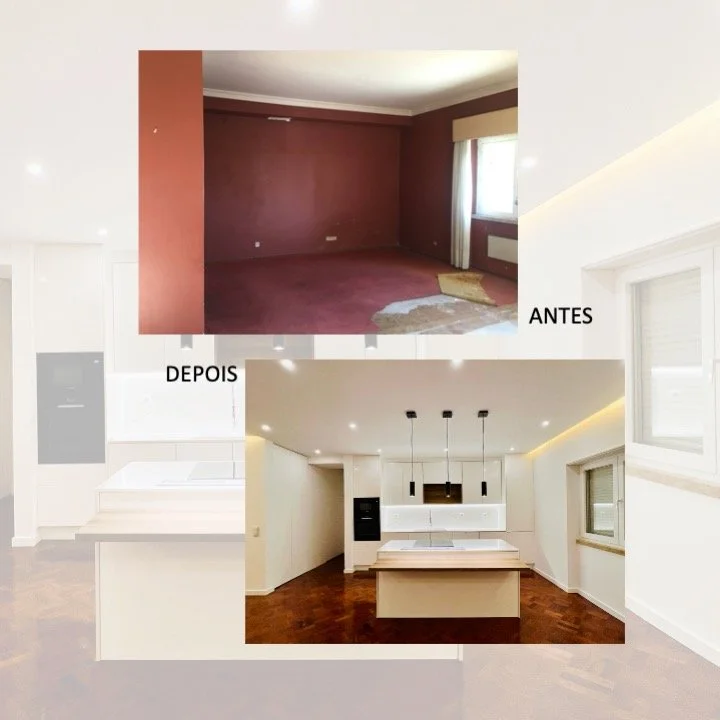 Comparação de um cômodo antes e depois da reforma. No 'Antes', a sala tem paredes marrom escuro e carpete danificado. No 'Depois', a mesma sala foi modernizada com paredes claras, iluminação embutida, uma bancada de cozinha e piso de madeira escura.