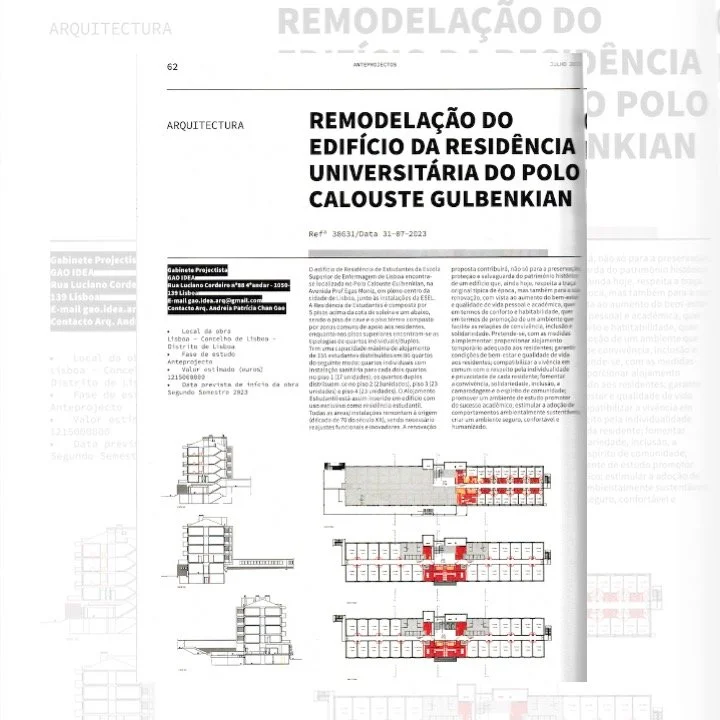 Projeto de remodelação do edifício da Residência Universitária do Polo Calouste Gulbenkian, incluindo plantas e cortes arquitetônicos, com destaque para áreas vermelhas de intervenção.