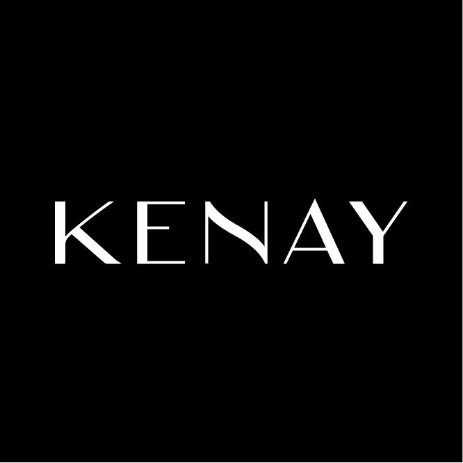 Logotipo da marca Kenay em fundo preto, com letras brancas e estilizadas.