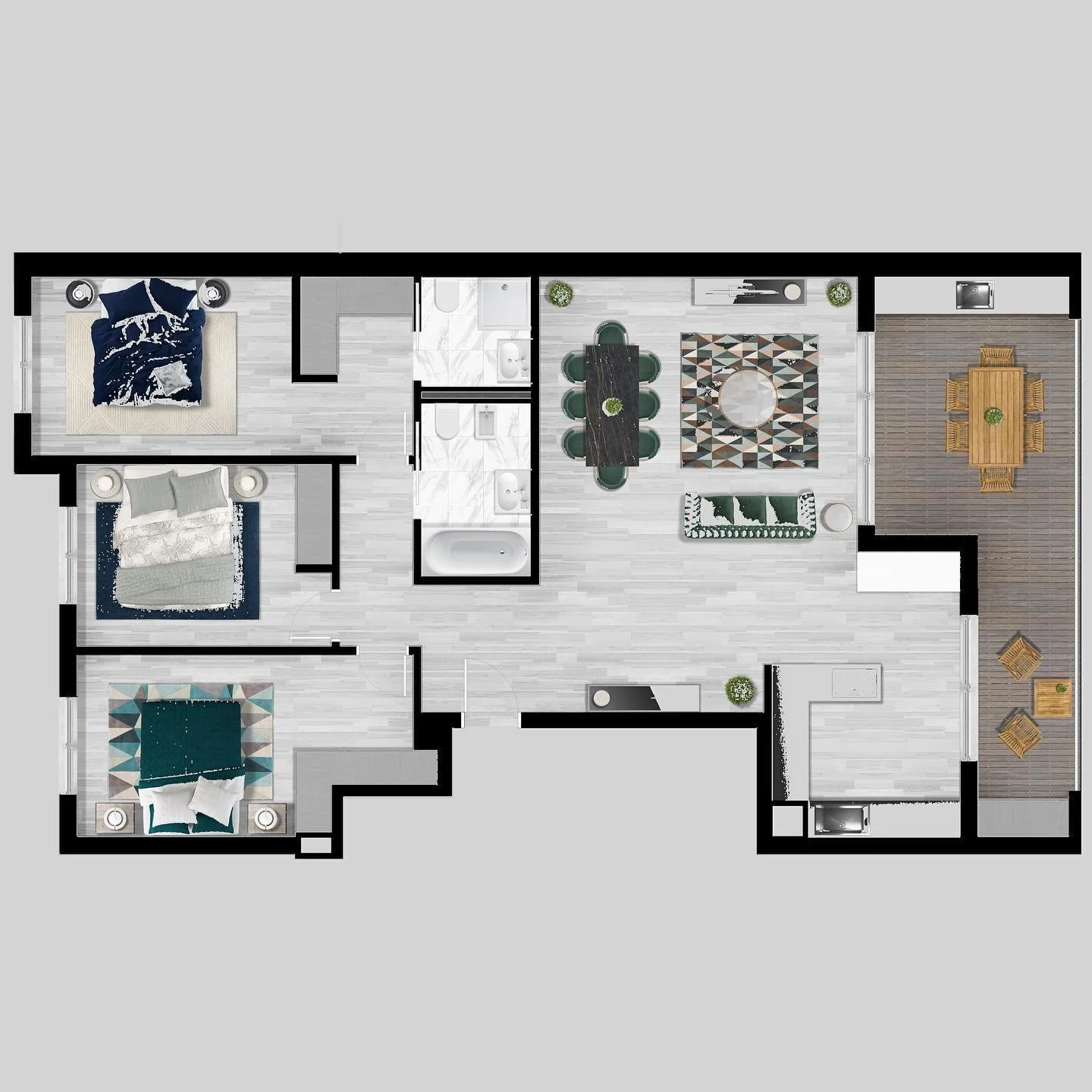 Planta de um apartamento com três quartos, uma sala de estar, uma sala de jantar, cozinha e uma varanda com mesa e cadeiras.